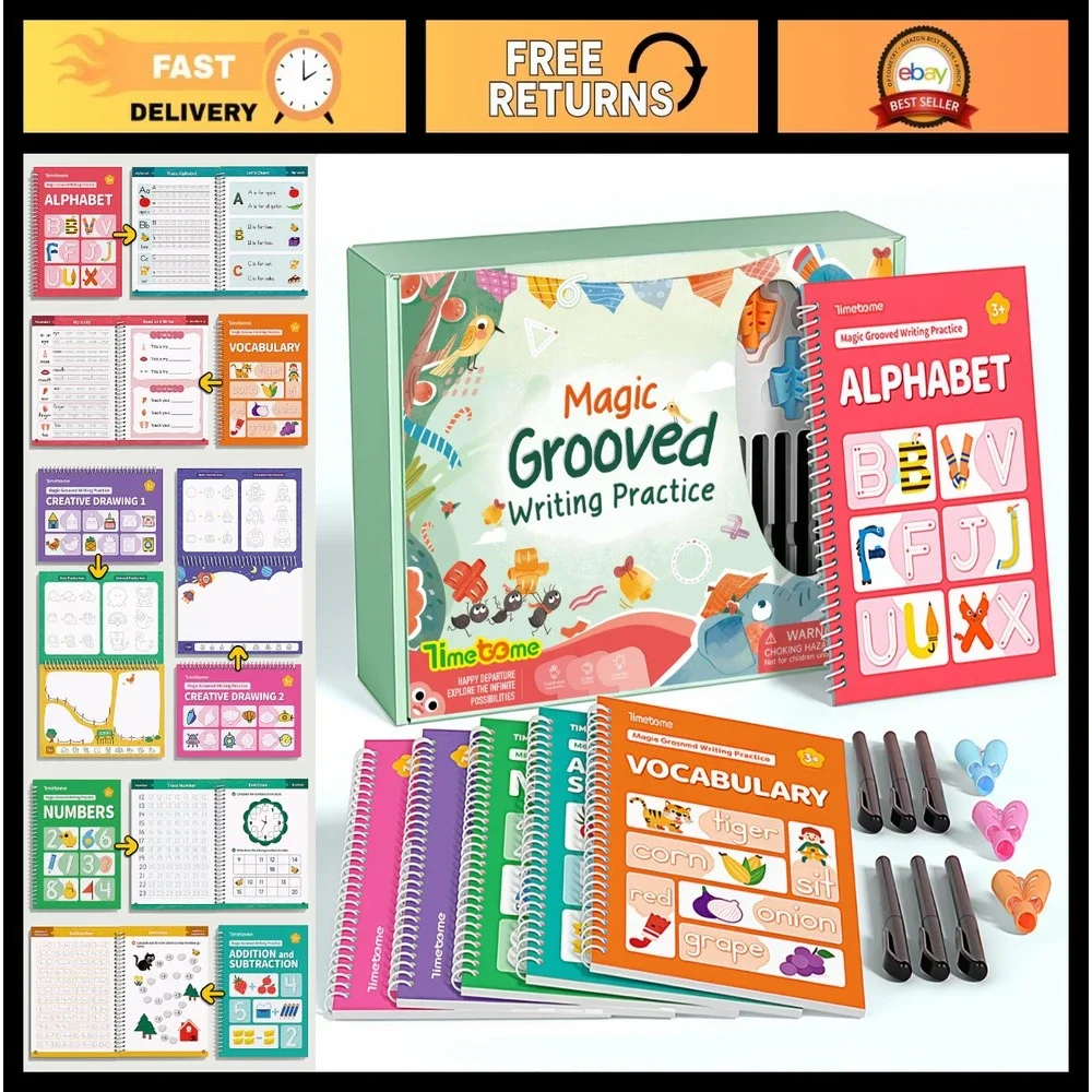 Reusable 3D Groove Handwriting Practice Workbooks for Kids 3-8, 6-Pack